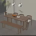 Minimalist Dining Table Set With Wooden Table Chairs Bench Fruit Platter Plant And Pendant Lights