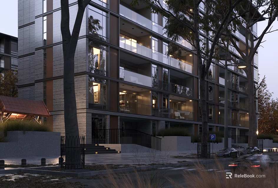 Modern Multi Storey Residential Building With Glass Facade Balconies Lit Windows And Trees Around 3d model 