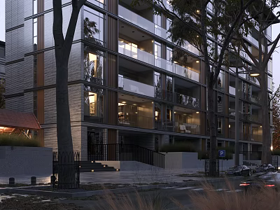 Modern Multi Storey Residential Building With Glass Facade Balconies Lit Windows And Trees Around 3d model