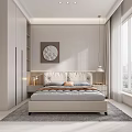 Modern Bedroom Interior With Upholstered Headboard Decorative Wall Art Large Windows And City View