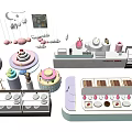 Modern Retail Display Shelves Showcasing Cakes Ice Cream and Desserts with Stylish Arrangement