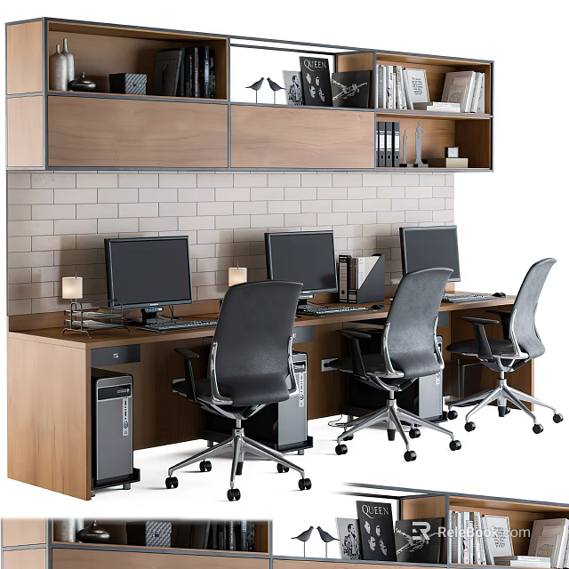 Modern Office Desk With Three Workstations Computer Monitors Black Chairs Brick Wall And Wooden Shelves 3d model 
