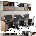 Modern Office Desk With Three Workstations Computer Monitors Black Chairs Brick Wall And Wooden Shelves