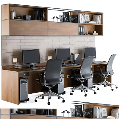 Modern Office Desk With Three Workstations Computer Monitors Black Chairs Brick Wall And Wooden Shelves 3d model