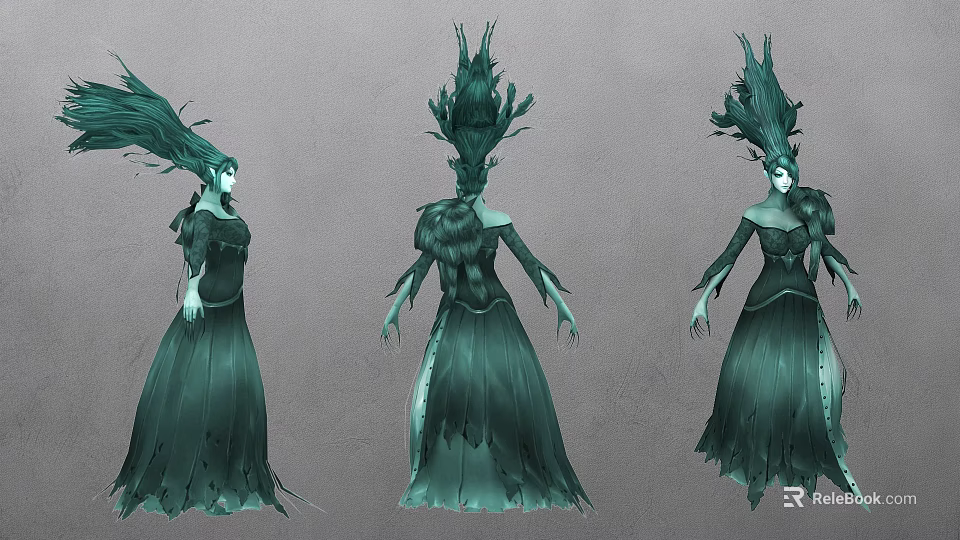 Mystical Green Game Film Character In Feathered Gown With Three Flowing Poses 3d model 