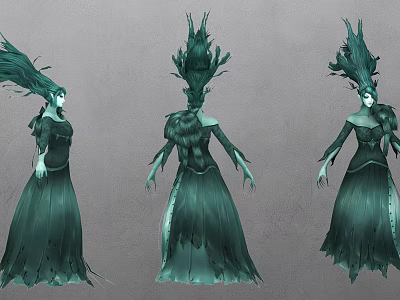 Mystical Green Game Film Character In Feathered Gown With Three Flowing Poses 3d model