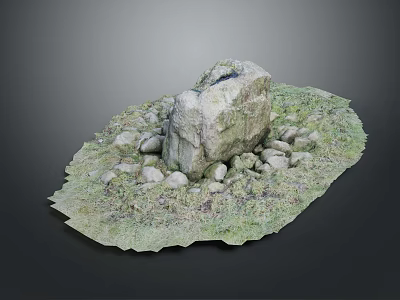 Large Natural Stone Rock 3D Model Surrounded By Small Stones And Green Grass 3d model