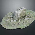 Large Natural Stone Rock 3D Model Surrounded By Small Stones And Green Grass