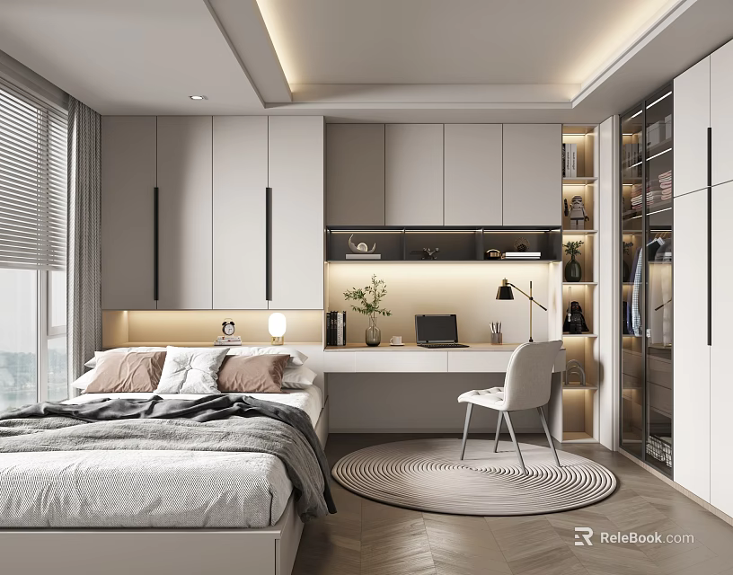 Modern Tatami Bedroom Interior With Built in Cabinets Study Desk And Comfortable Bed 3d model 