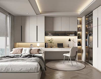 Modern Tatami Bedroom Interior With Built in Cabinets Study Desk And Comfortable Bed 3d model