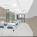 Hospital Building Ward Interior With Beige Walls Green White Curtains Windows And Beds