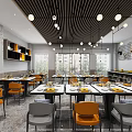 Modern Restaurant Interior With Orange Gray Chairs Black Ceiling Panels And Pendant Lights