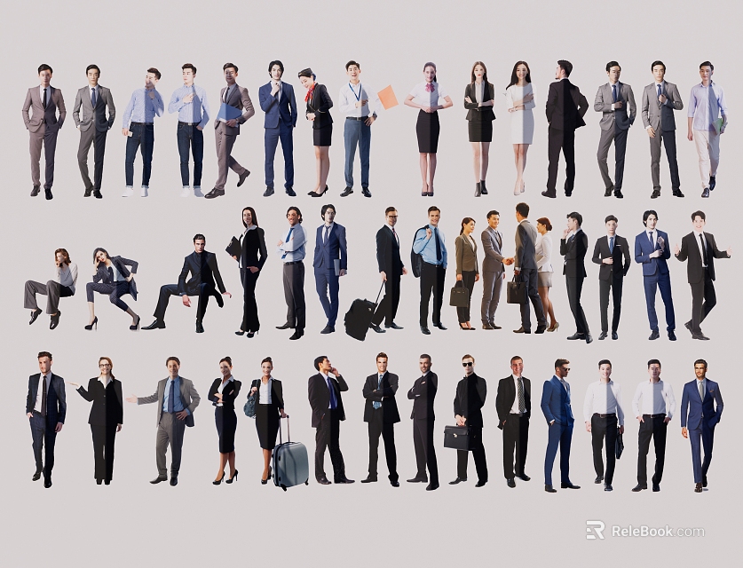 Multiple Business Professionals in Formal Attire with Various Poses Holding Documents and Suitcases 3d model 