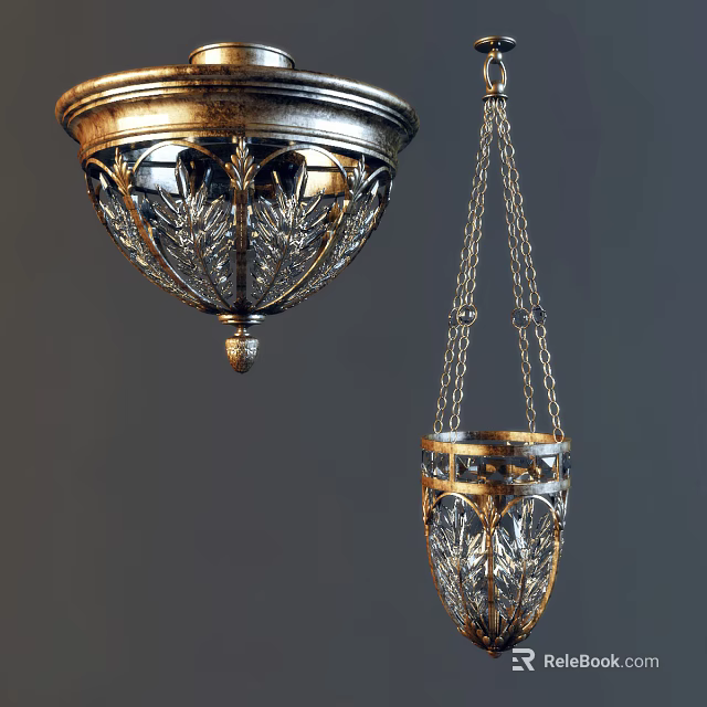 Ornate Gold Crystal Pendant Lighting Combinations With Intricate Patterns And Hanging Chains 3d model 