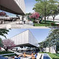 Modern Sales Office Building With Glass Facade Circular Driveway And Parked Cars