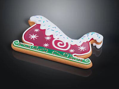 Gingerbread Christmas Decorative Ornament Set Featuring Red Sleigh Design Green Trim And Star Sprinkles 3d model