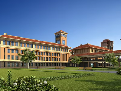 Traditional School Building With Red Roof Yellow Walls Tall Tower Green Lawn And Campus Trees 3d model