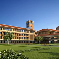 Traditional School Building With Red Roof Yellow Walls Tall Tower Green Lawn And Campus Trees