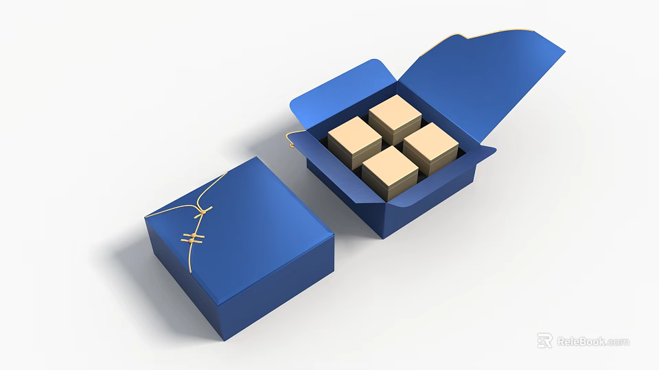 Decorative Ornament Set With Open Blue Box Containing Four Beige Cubes 3d model 