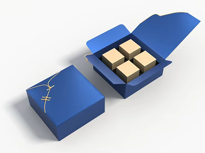 Decorative Ornament Set With Open Blue Box Containing Four Beige Cubes 3d model