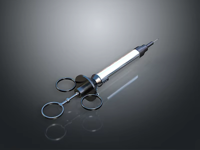 Household Syringe With Metal Ring Handles Black Silver Design And Smooth Surface Reflection 3d model