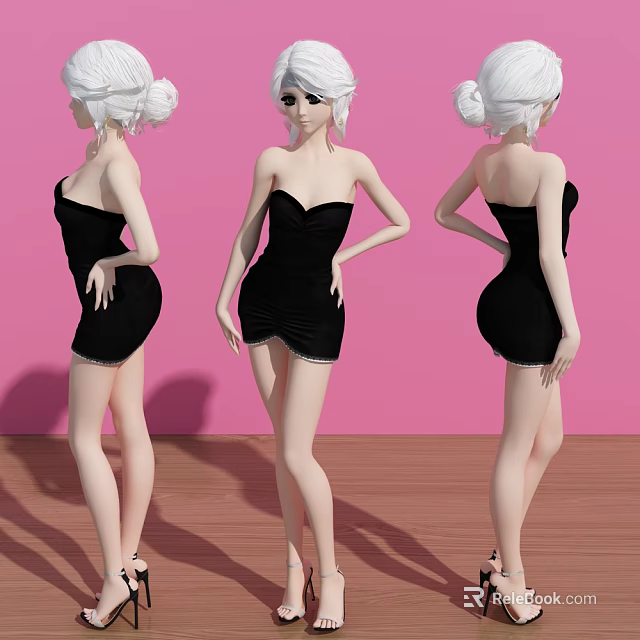 Three Women in Black Strapless Short Dresses Posing Against Pink Background On Wooden Floor 3d model 