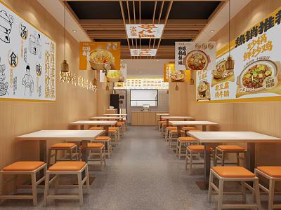 Modern Restaurant Interior with Wooden Tables Orange Stools Wall Art Posters and Open Layout Design 3d model