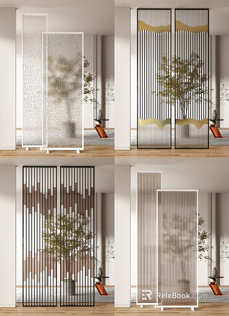 Modern Room Dividers With Sleek Metal Frames Glass Panels And Indoor Plants 3d model 