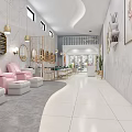 Elegant Beauty Salon Interior With White Marble Walls Golden Shelves Sofa Area And Green Plants