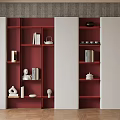 Modern Red And White Decorative Cabinet With Shelves Books Vases And Sculptures