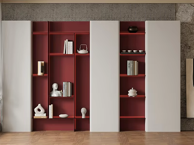 Modern Red And White Decorative Cabinet With Shelves Books Vases And Sculptures 3d model