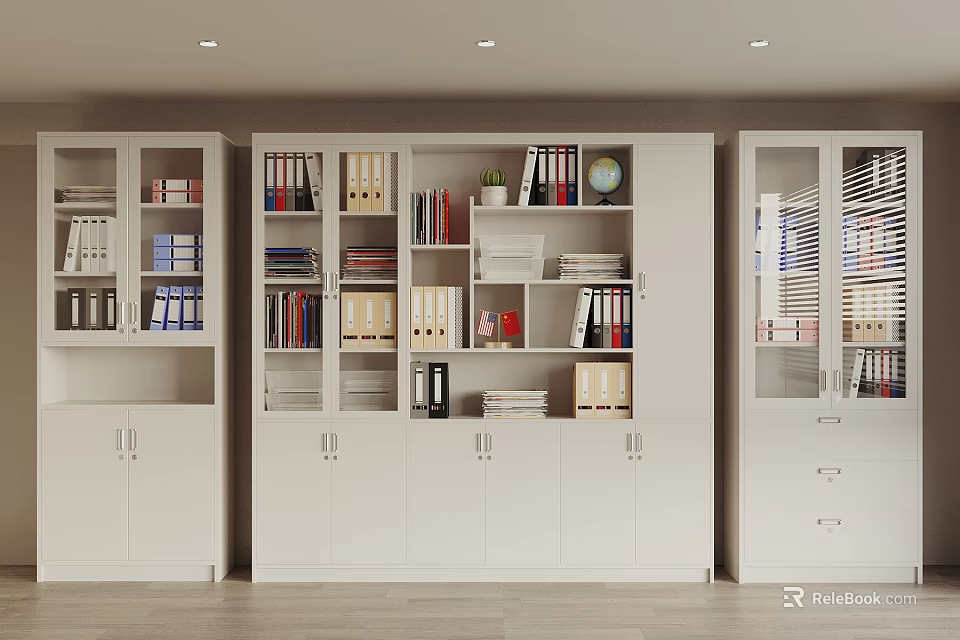 Modern White Bookcase With Multiple Compartments Holding Books Folders Globe And Potted Plant 3d model 