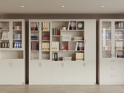 Modern White Bookcase With Multiple Compartments Holding Books Folders Globe And Potted Plant 3d model