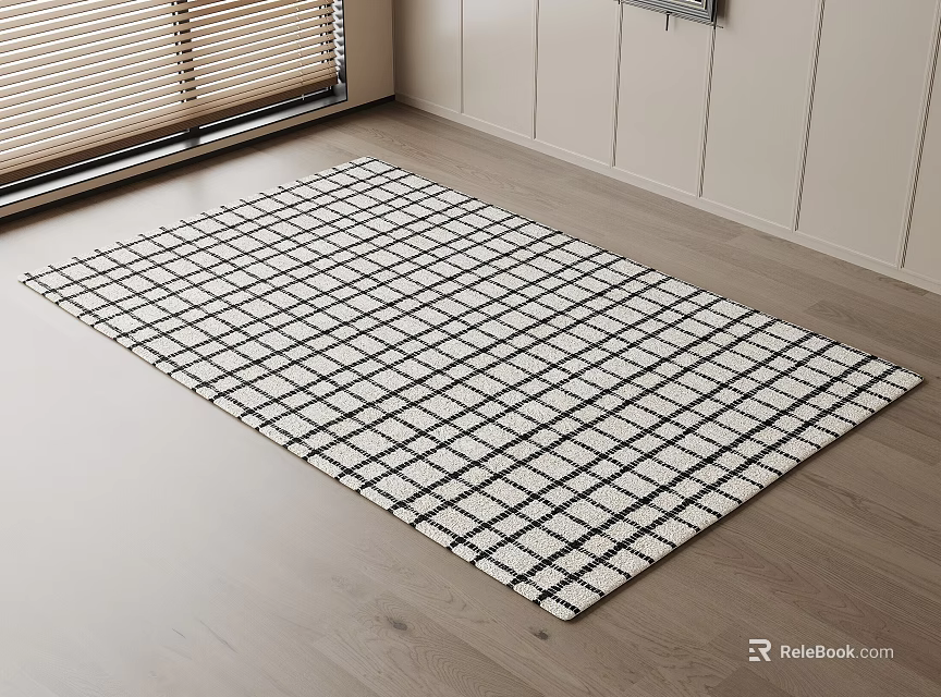 Stylish Square Rug With Black And White Grid Pattern On Wooden Floor With White Cabinets 3d model 