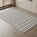 Stylish Square Rug With Black And White Grid Pattern On Wooden Floor With White Cabinets