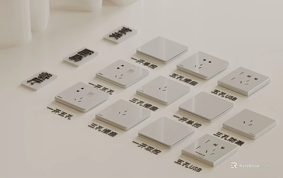 White Electrical Outlets And Switch Panels With Single Three Five Pin USB Socket Types 3d model 