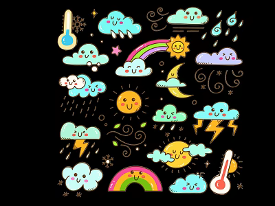 Cute Weather Themed Charms With Cartoon Clouds Sun Rainbow Raindrops And Smiley Faces 3d model