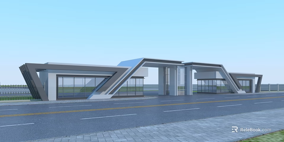 Modern Entrance Gate Design With Geometric Roof Glass Curtain Walls And Columns By Roadside 3d model 