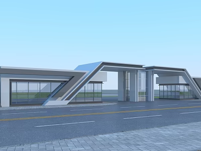 Modern Entrance Gate Design With Geometric Roof Glass Curtain Walls And Columns By Roadside 3d model