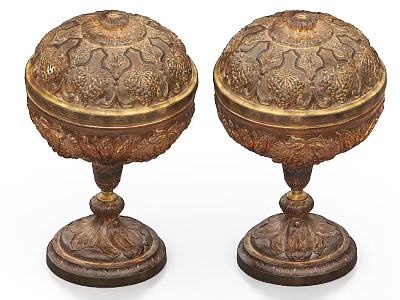 Pair of Lidded Ceramic Vessels With Ornate Carvings Gold Brown Pedestal Base 3d model