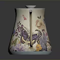 Colorful Floral And Butterfly Patterned Kettle With Glossy Surface And Curved Spout