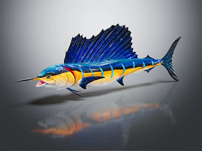 Striking Vibrant Blue and Yellow Sailfish with Extended Dorsal Fin and Open Mouth 3d model