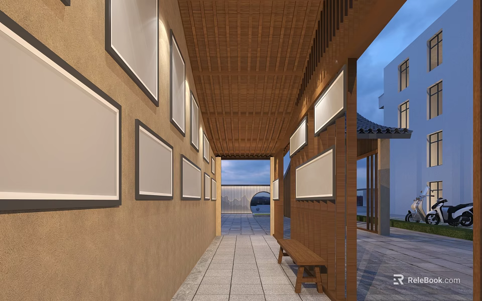 Pergola with wooden ceiling framed panels on walls stone tile flooring and bench 3d model 