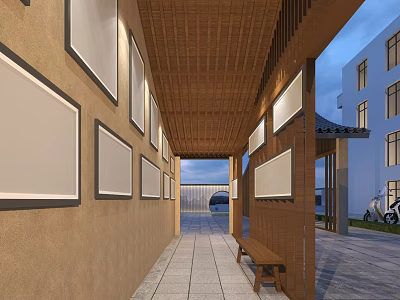 Pergola with wooden ceiling framed panels on walls stone tile flooring and bench 3d model