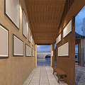 Pergola with wooden ceiling framed panels on walls stone tile flooring and bench