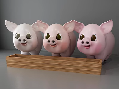Three Cute Pig Dolls in White and Pink Standing on Wooden Tray 3d model