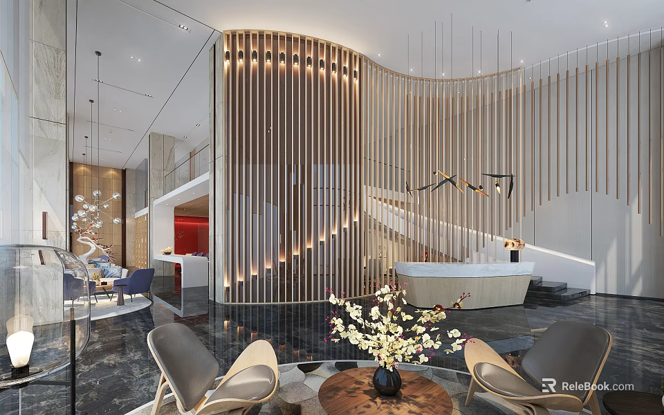 Modern Luxury Sales Office Interior Design With Wooden Slats And Reception Desk 3d model 