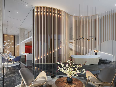 Modern Luxury Sales Office Interior Design With Wooden Slats And Reception Desk 3d model
