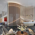 Modern Luxury Sales Office Interior Design With Wooden Slats And Reception Desk