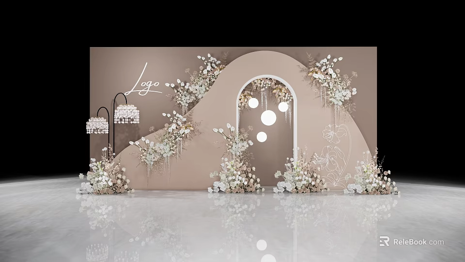 Elegant Wedding Backdrop With Floral Arch And Hanging Light Decorations 3d model